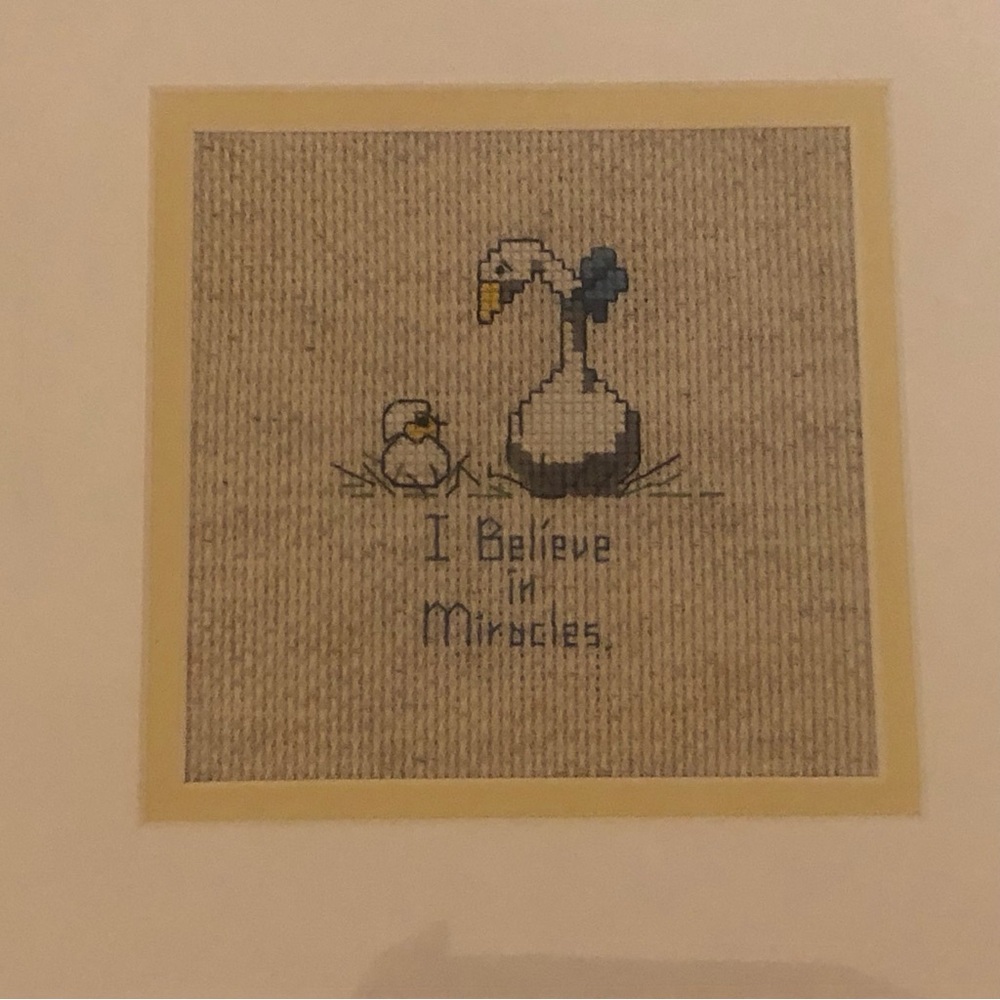 Framed Nursery Cross-Stitch Art in White and Yellow - I Believe in Miracles - Picture 2 of 6